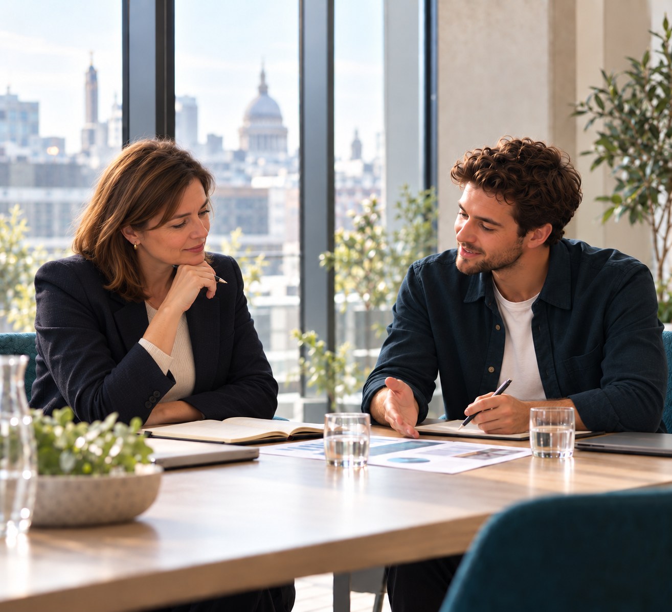 Two colleagues reviewing work at a meeting table